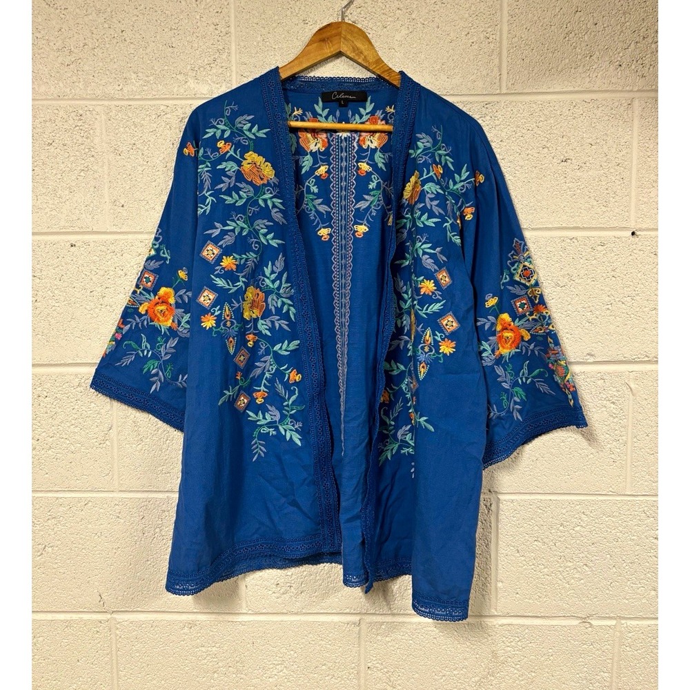 Caleosa Blue Floral Embroidered Open Kimono Women's Large